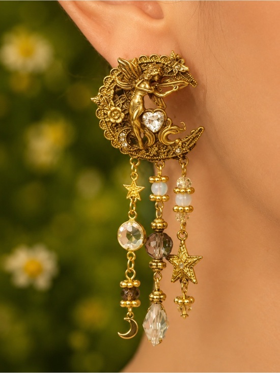 Anthropologie Jewelry - Gold Dragon Moon Dangle Earrings with Crystal Drops